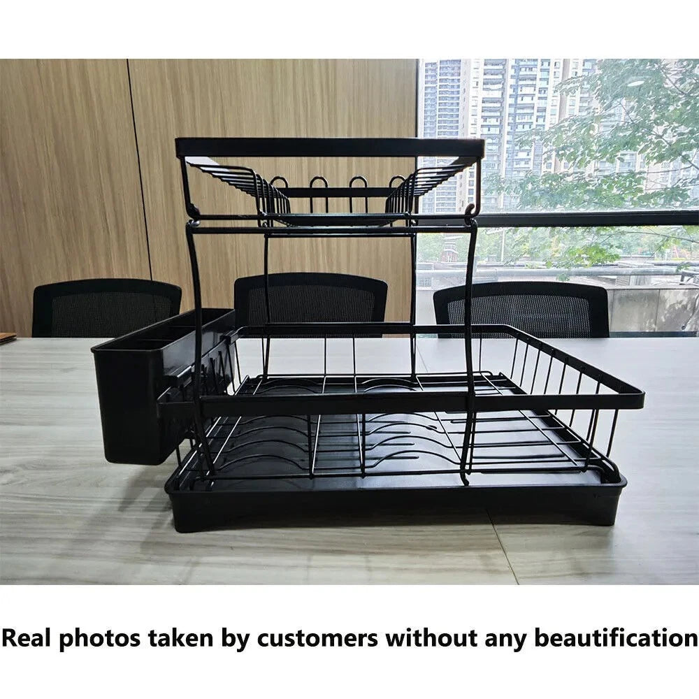 2 TIER KITCHEN SINK DISH DRAINER RACK WITH DRIP TRAY CUTLERY HOLDER PLATE RACK