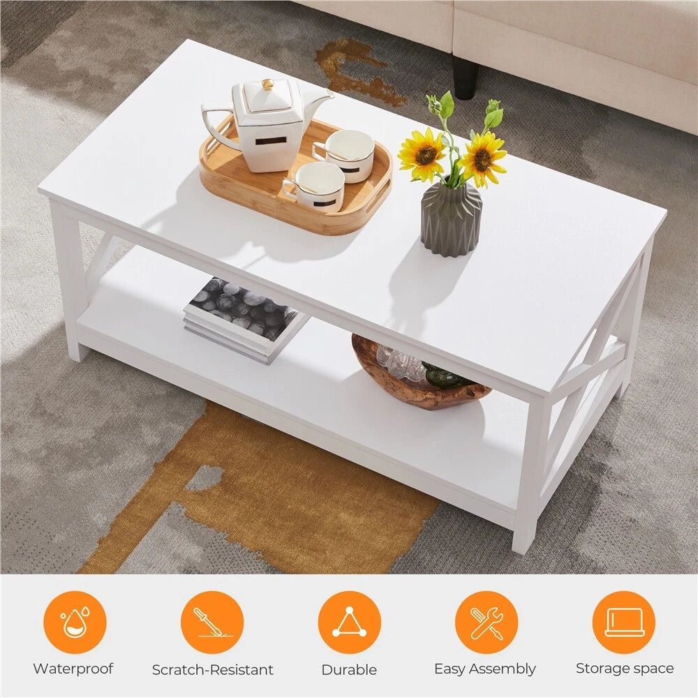 2-Tier Coffee Table with Storage Shelf Modern Center Tea Table for Living Room