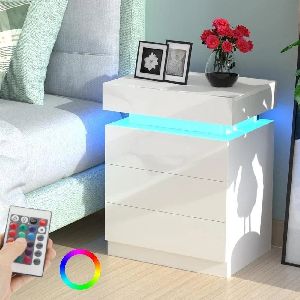 High Gloss 2/3 Drawer Bedside Table Cabinet LED RGB Light Storage Nightstand