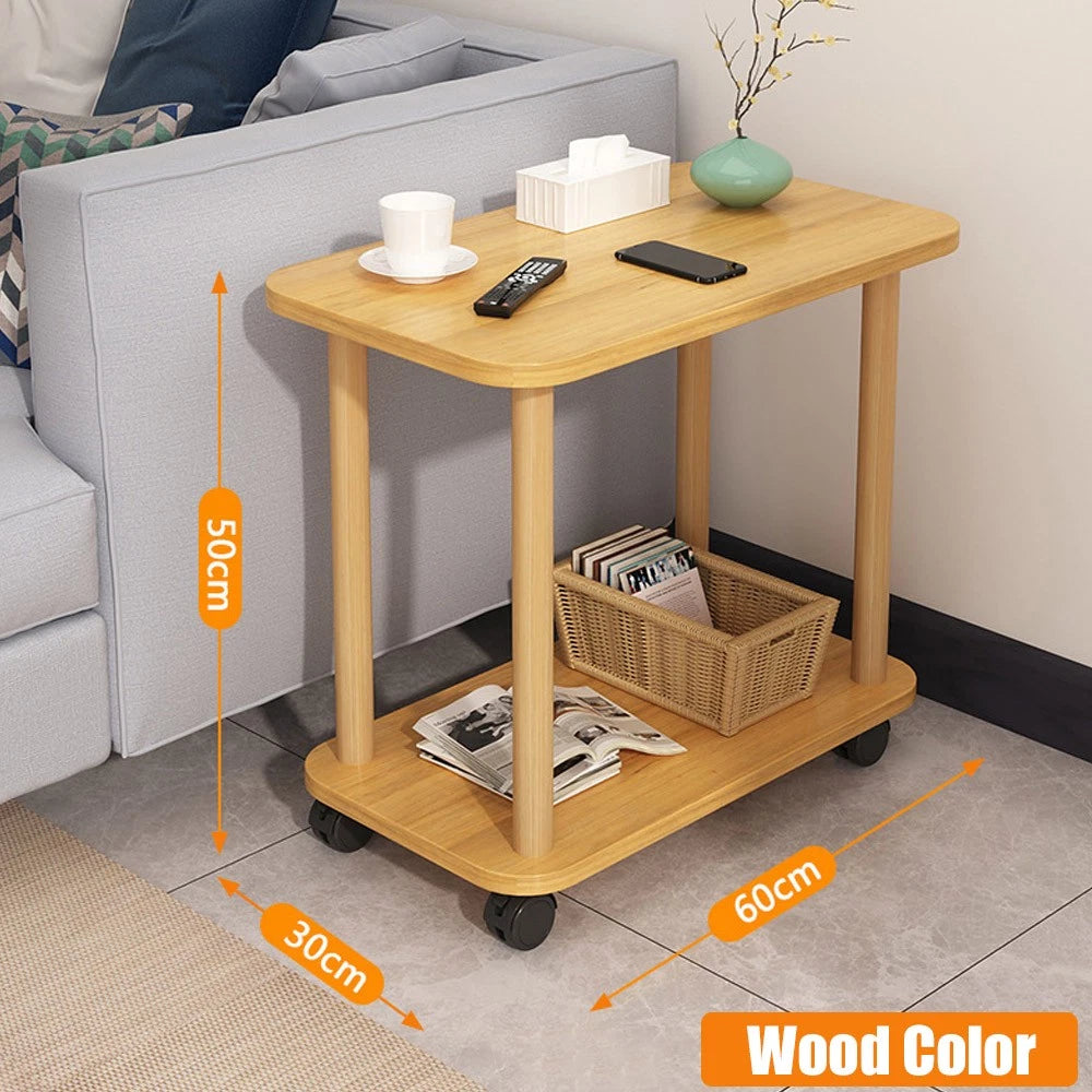 2 Tier Side Table Sofa Small Coffee End Table Storage Shelf on Wheel Living Room