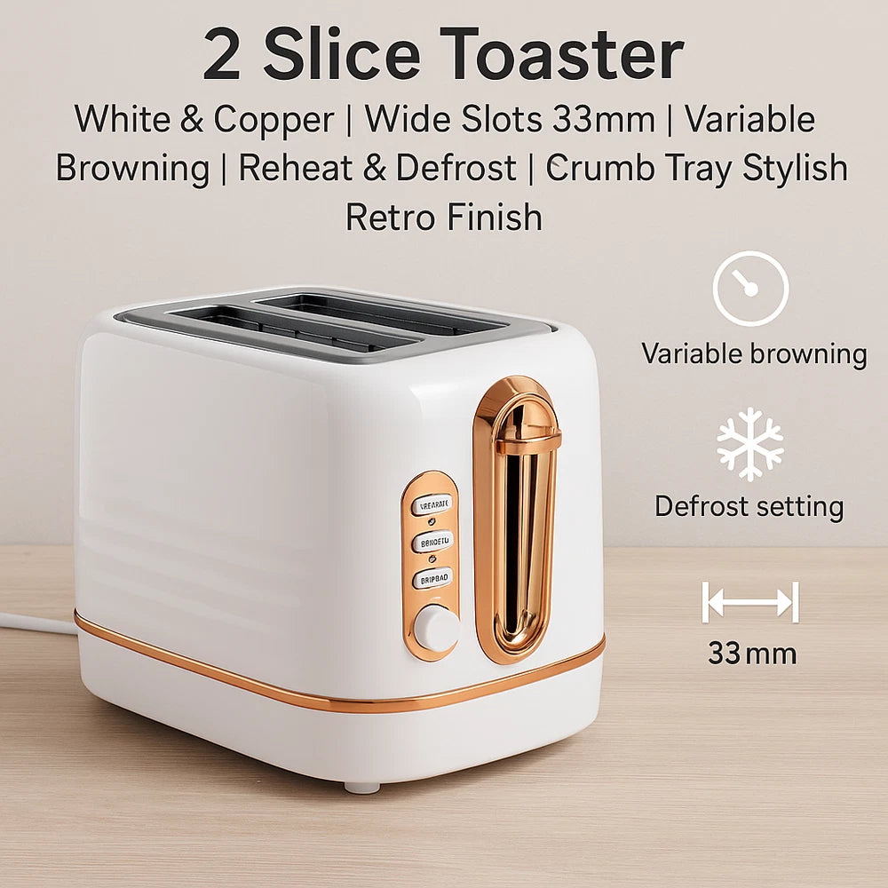 2 Slice Toaster - White & Copper | Wide Slots 33mm | Variable Browning | Reheat