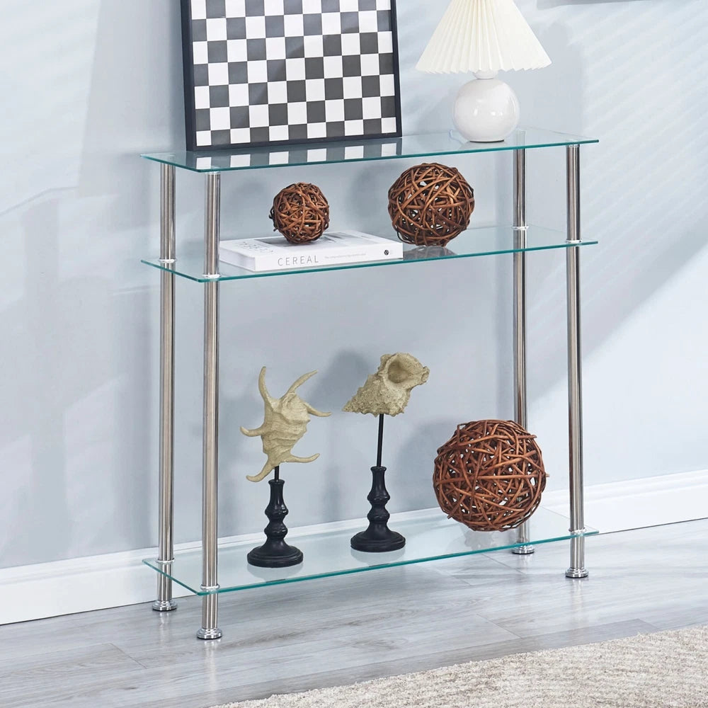 3 Tier Narrow Clear Tempered Glass Console Table Storage Shelf Stainless Steel