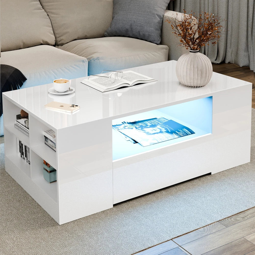 LED Coffee Table Wooden 2 Drawer Storage High Gloss Modern Living Room Furniture