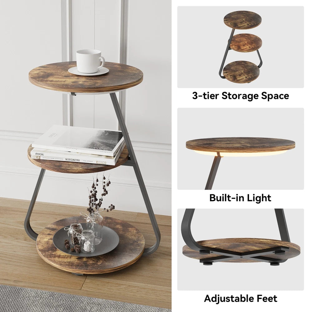 3-Tier Sofa Side Table LED Lighted Bedside Living Room End Table with Storage