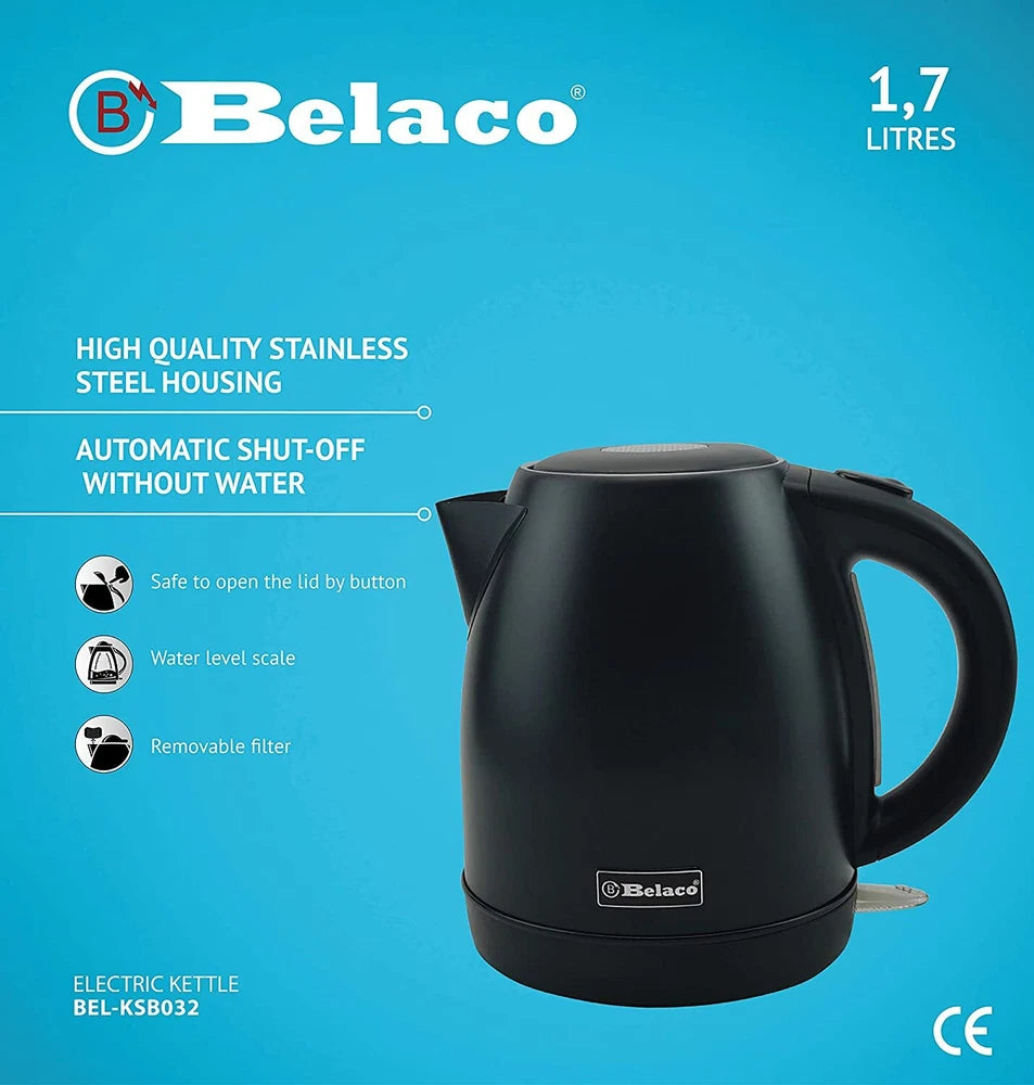 Belaco Electric Kettle Stainless Steel 1.7L,  2200w Fast Boil Cordless 360°