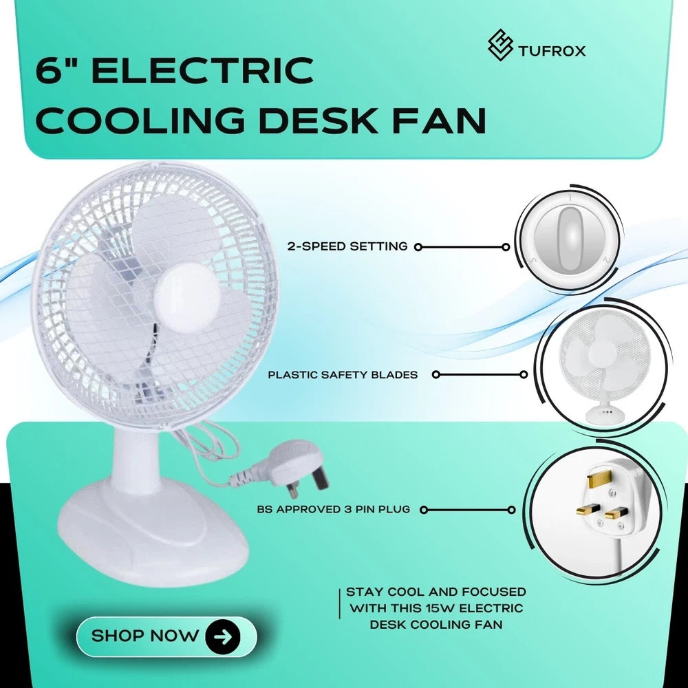 2 X 6" Electric Table Fan 2 Speed Free Stand Quiet Air Cooling 2 White Desk Fan