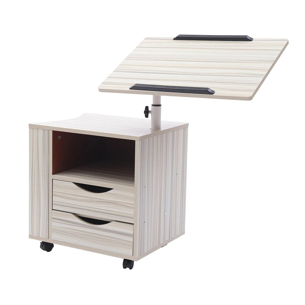 Laptop Desk Bedside Table with Lift Up Top - Modern Nightstand 2 Drawers w/Wheel