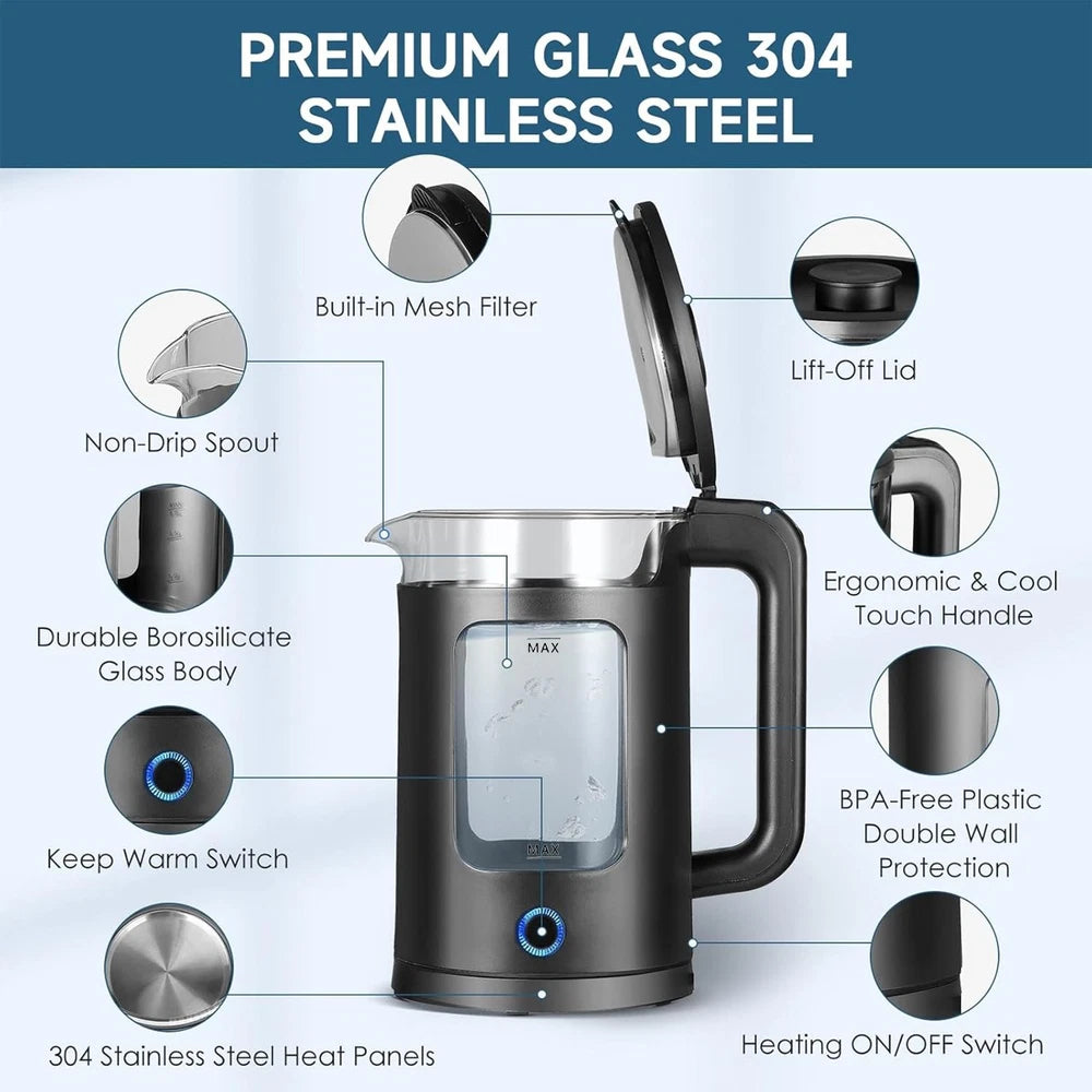 Electric Kettle Fast Boil 1500W Stainless Steel Jug Boil-Dry Protection