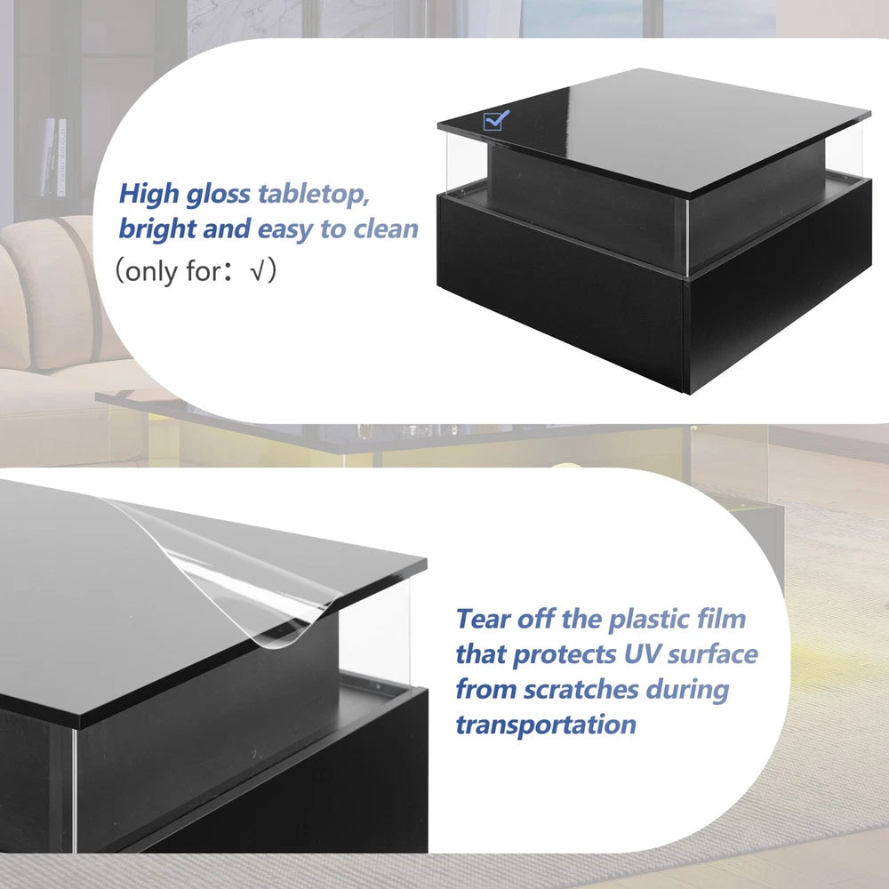 Coffee Table with LED Square High Gloss Black Storage Tea Table for Living Room
