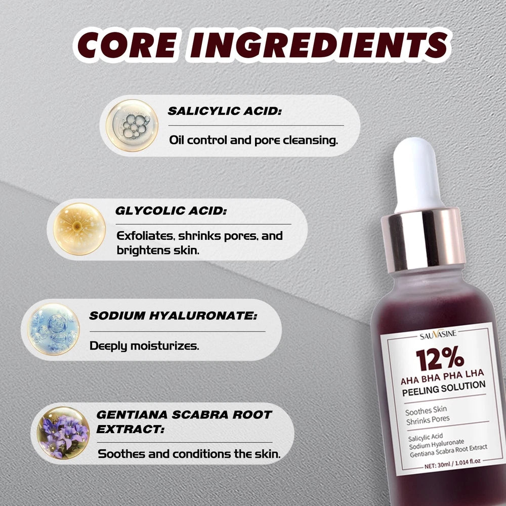 12% AHA BHA PHA LHA Peeling Solution Serum Brighen skin tone & Moisturise 30ml