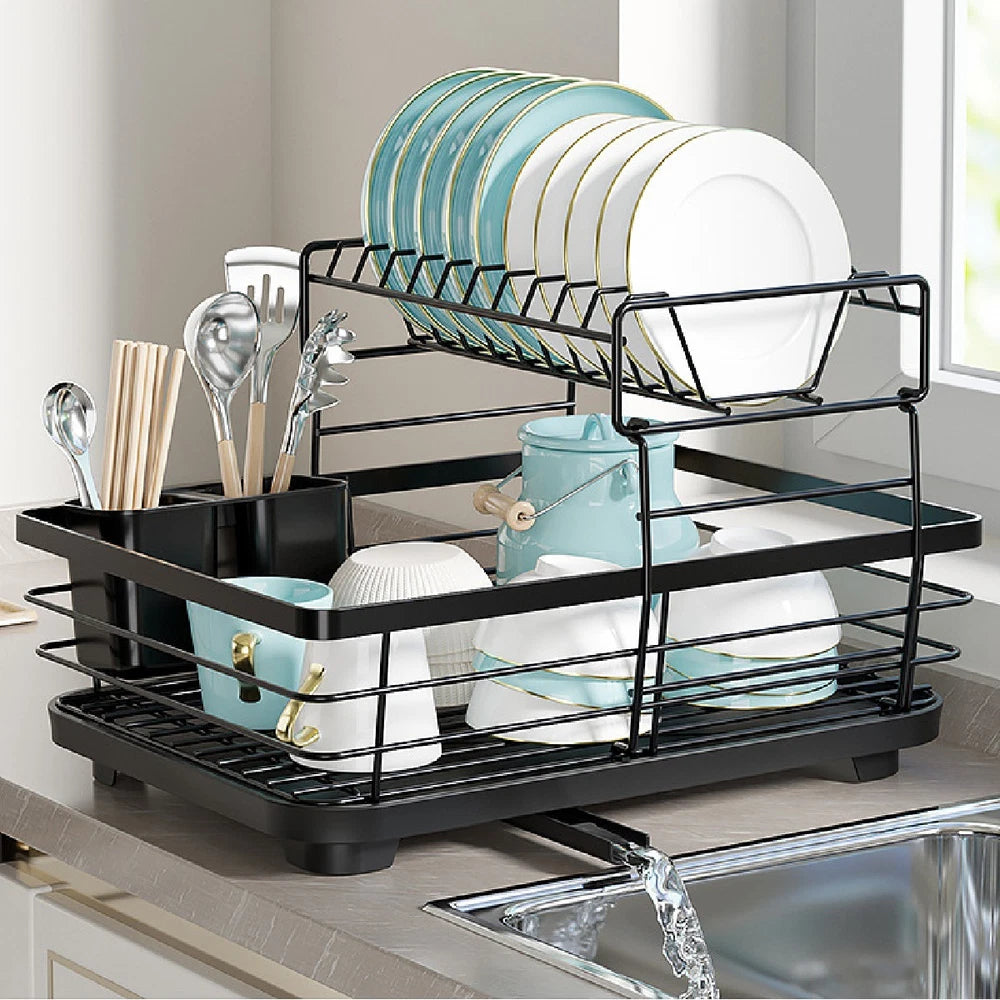 2-Tier Dish Drainer Rack with Drip Tray Cutlery Holder Plate Rack Kitchen Sink