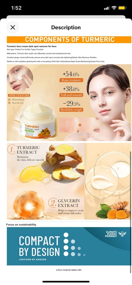 Turmeric Face Cream,Anti Aging Cream for Radiant&Glowing Skin,Dark Spot Correcto