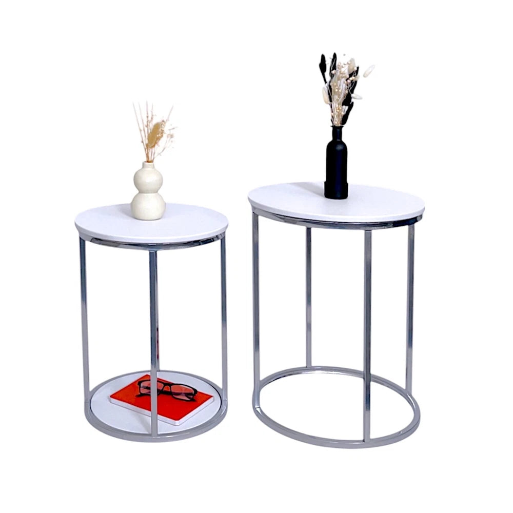 NEW Nest of Tables Set of 2 Coffee Side End Table White With Chrome Legs