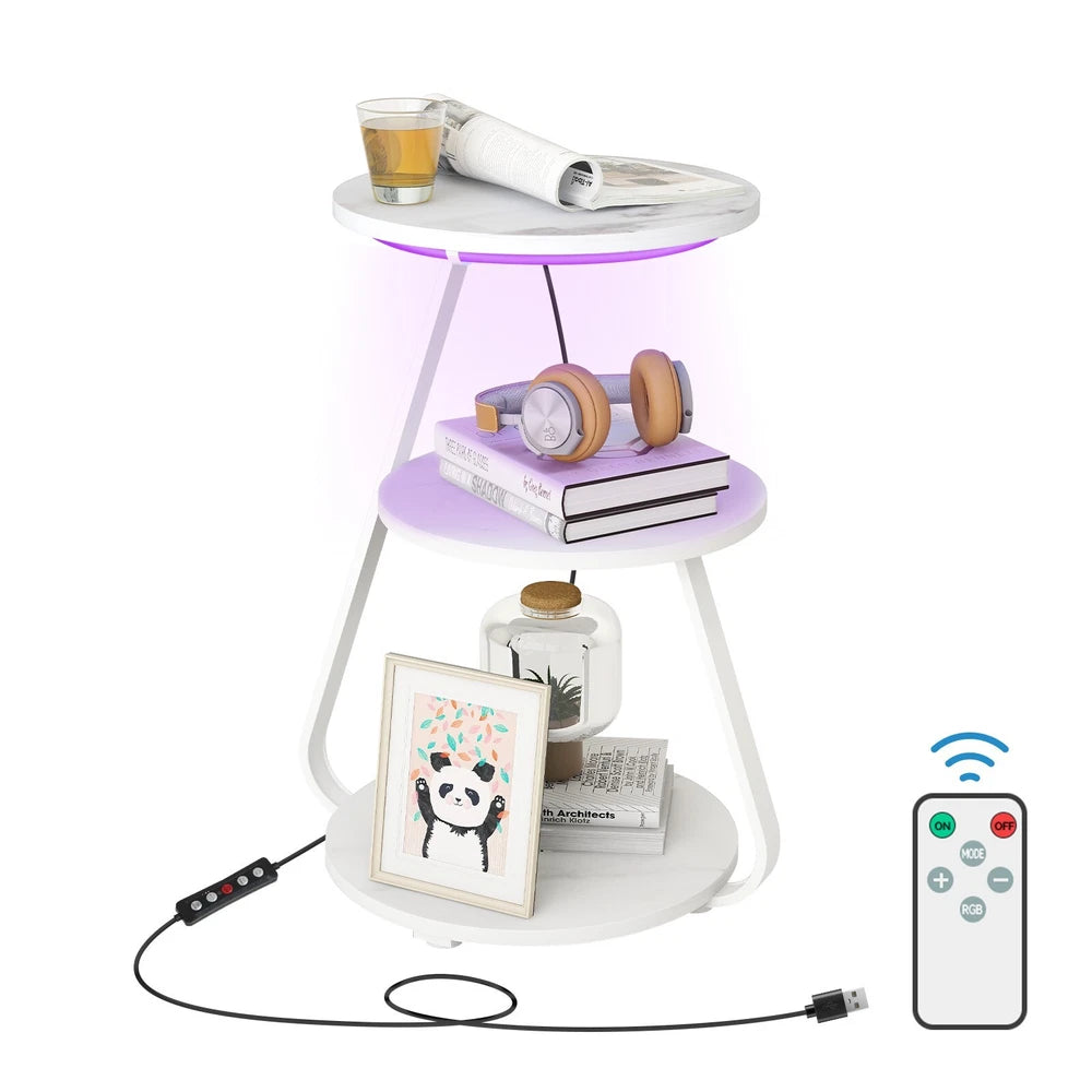 3-Tier Sofa Side Table LED Lighted Bedside Living Room End Table with Storage