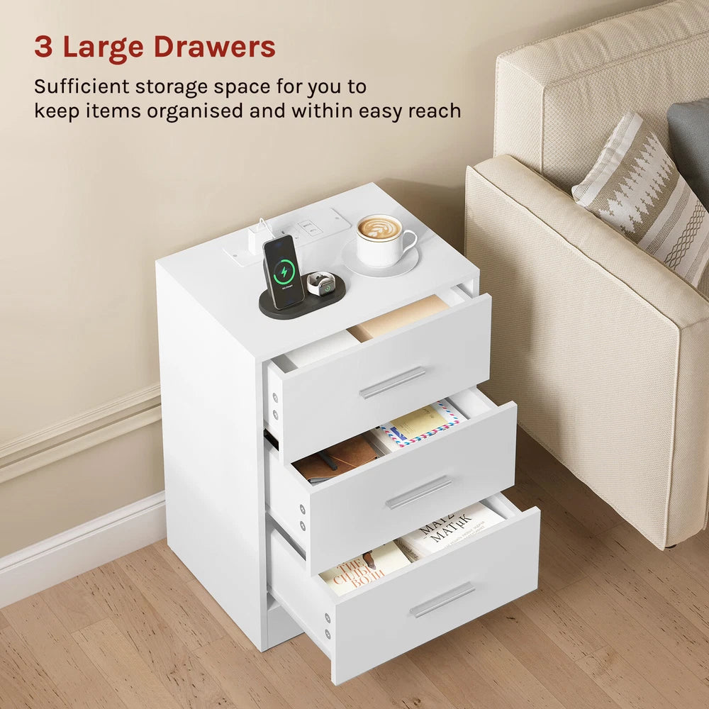 1/2x Bedside Table Cabinets w/ Charging Station Nightstand Storage Unit 3 Drawer