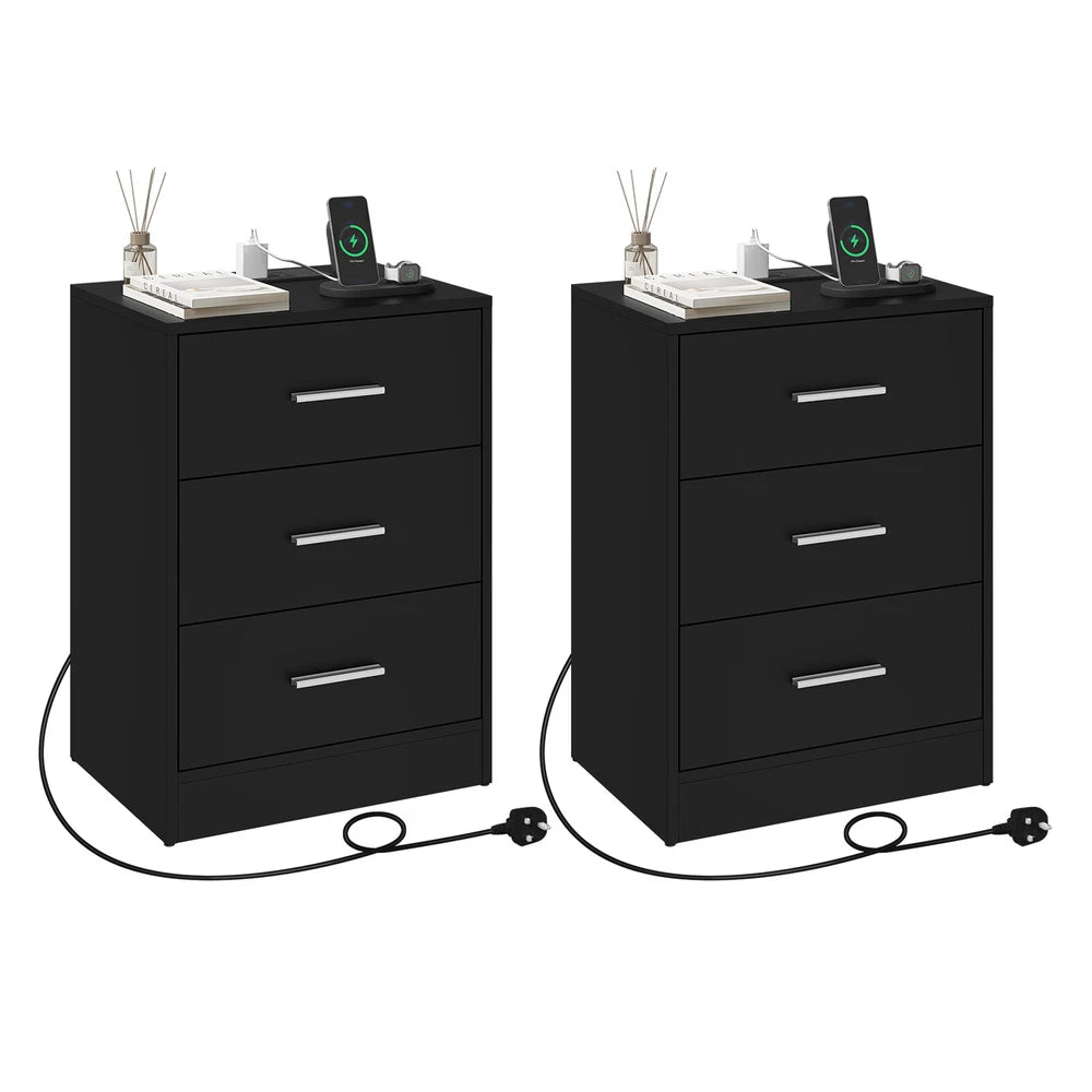 1/2x Bedside Table Cabinets w/ Charging Station Nightstand Storage Unit 3 Drawer