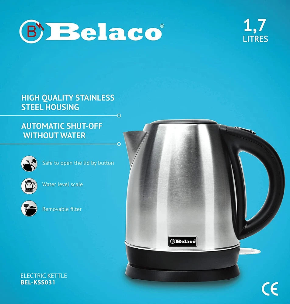 Belaco Electric Kettle Stainless Steel 1.7L,  2200w Fast Boil Cordless 360°