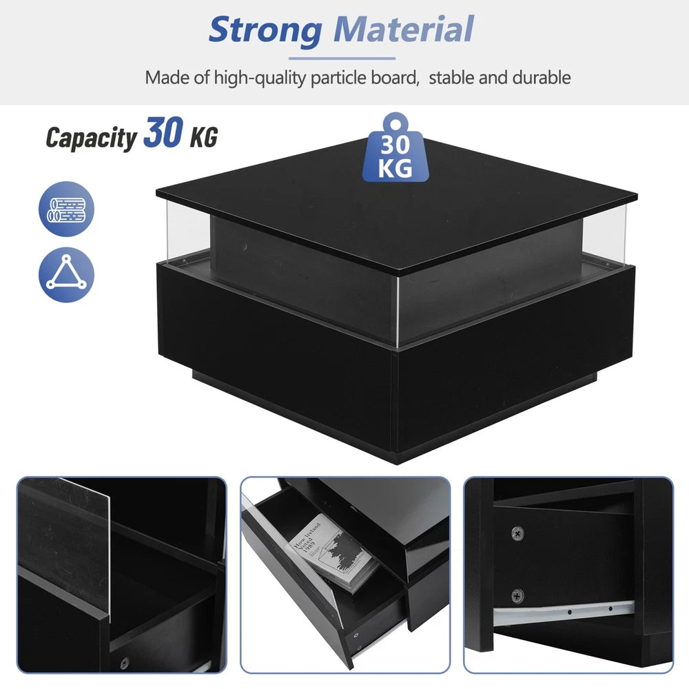 Coffee Table with LED Square High Gloss Black Storage Tea Table for Living Room