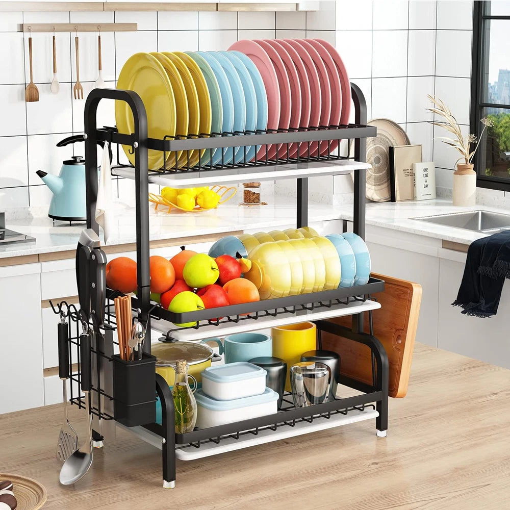 2/3 Tier Kitchen Sink Dish Drainer Rack With Drip Tray Cutlery Holder Plate Rack