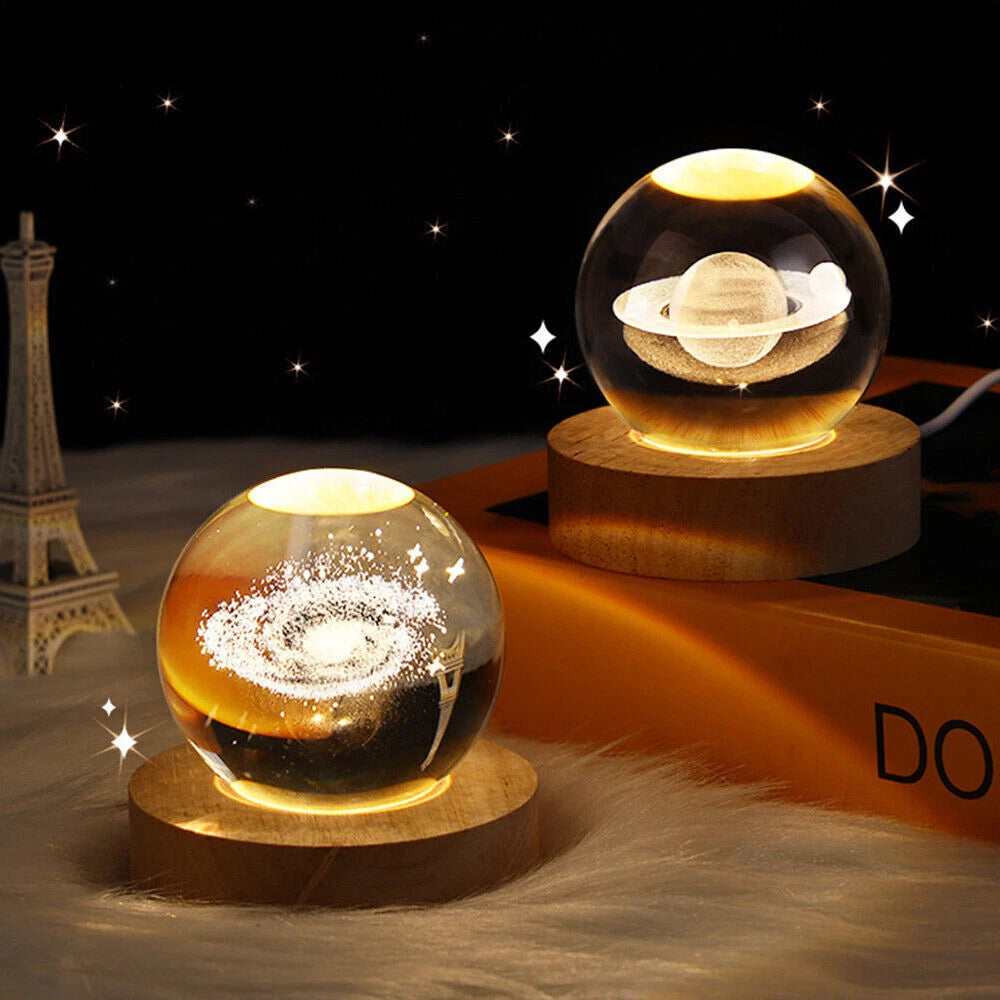 LED Crystal Ball Table Lamp USB 3D Moon Planet Globe Galaxy Night Light Bedside
