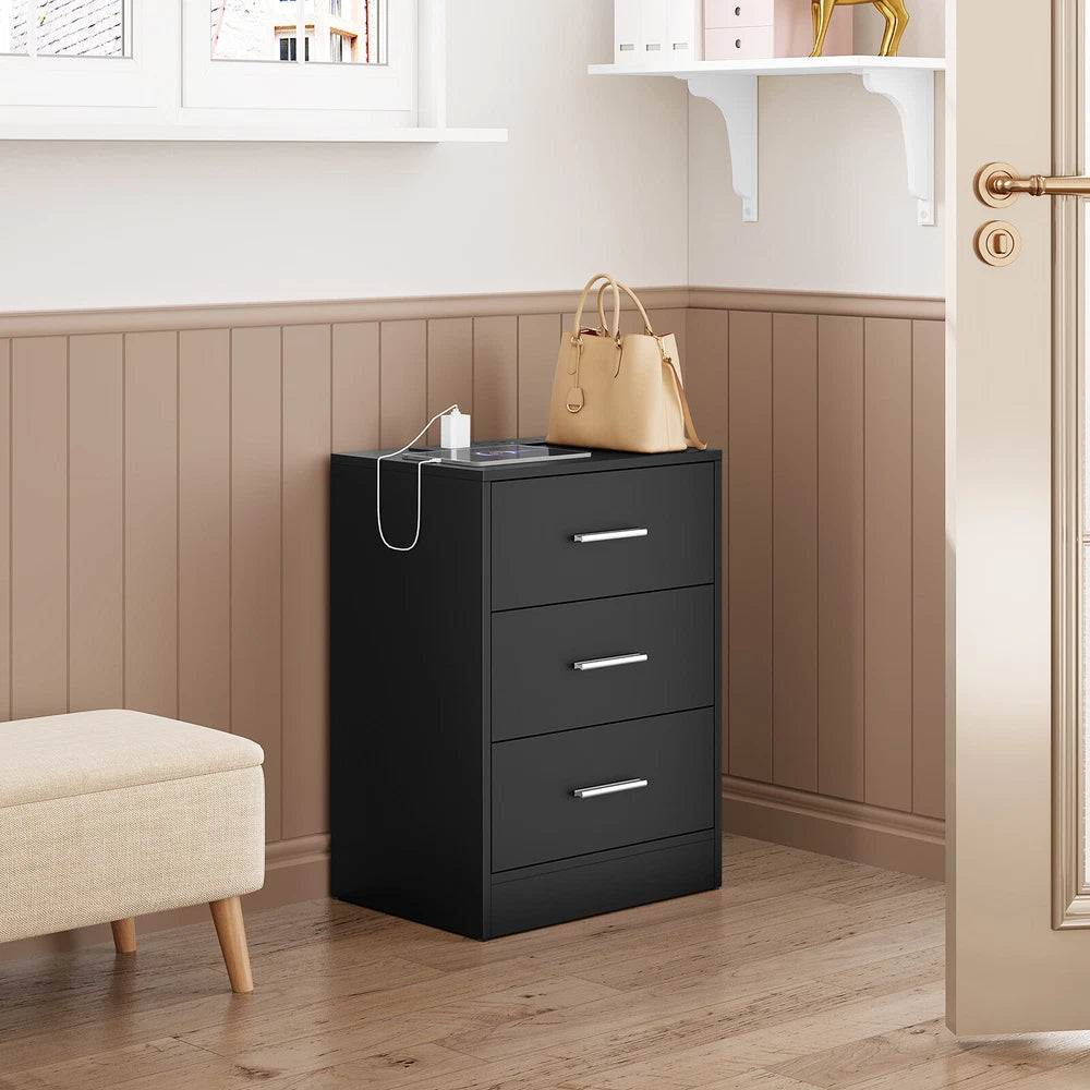 1/2x Bedside Table Cabinets w/ Charging Station Nightstand Storage Unit 3 Drawer