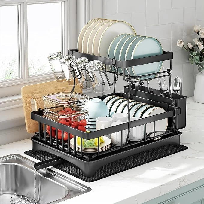 2/3 Tier Kitchen Sink Dish Drainer Rack With Drip Tray Cutlery Holder Plate Rack
