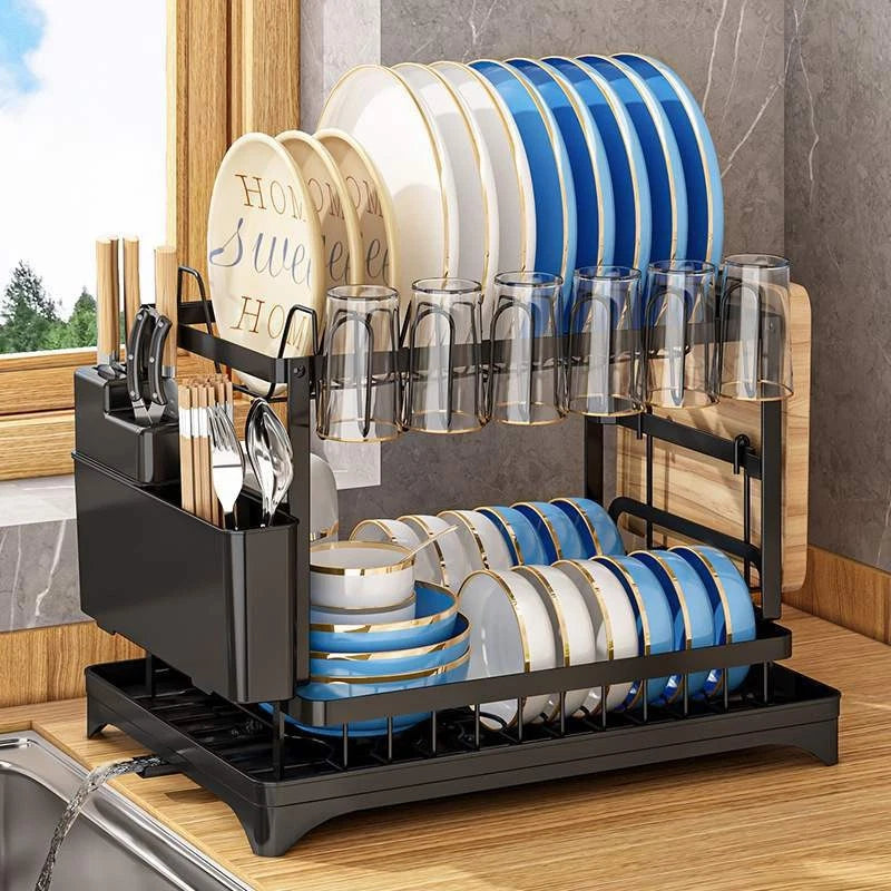 2 TIER KITCHEN SINK DISH DRAINER RACK WITH DRIP TRAY CUTLERY HOLDER PLATE RACK