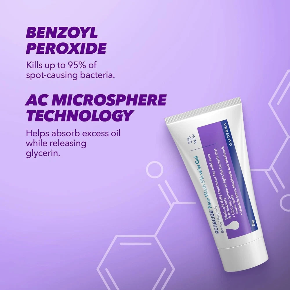Acnecide Face Wash Gel 5% Benzoyl Peroxide Acne Treatment 50g