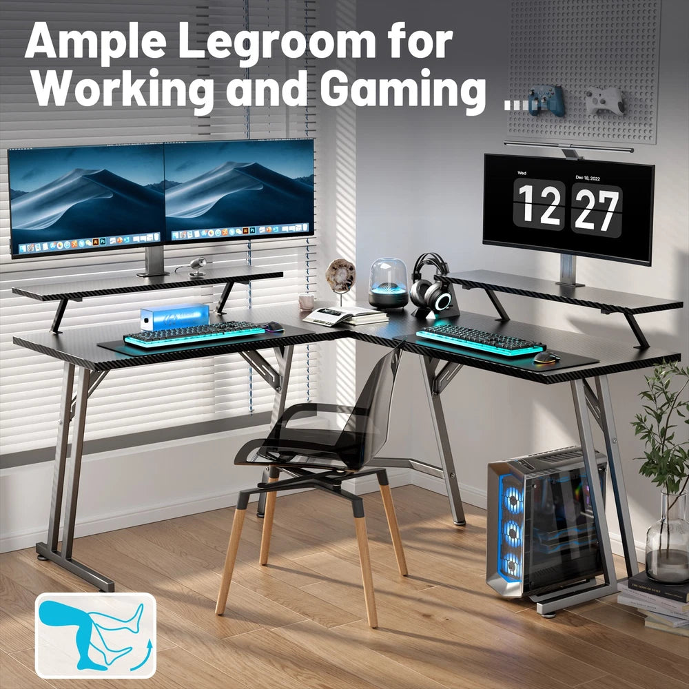 L Shaped Gaming Desk with LED Lights, Computer Desk with Monitor Stand, Black