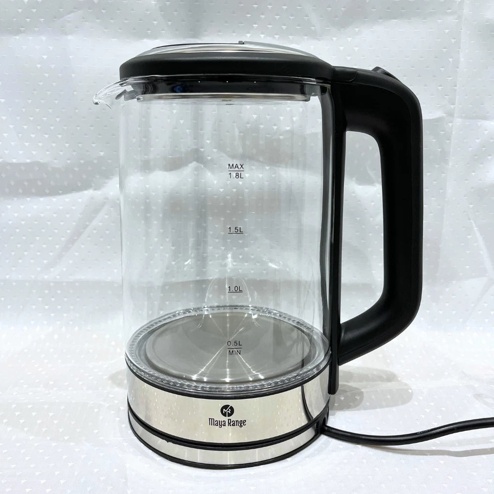 Maya Range Electric 1.8L Cordless Blue LED Glass Kettle 2200W Safe Auto Shut Off