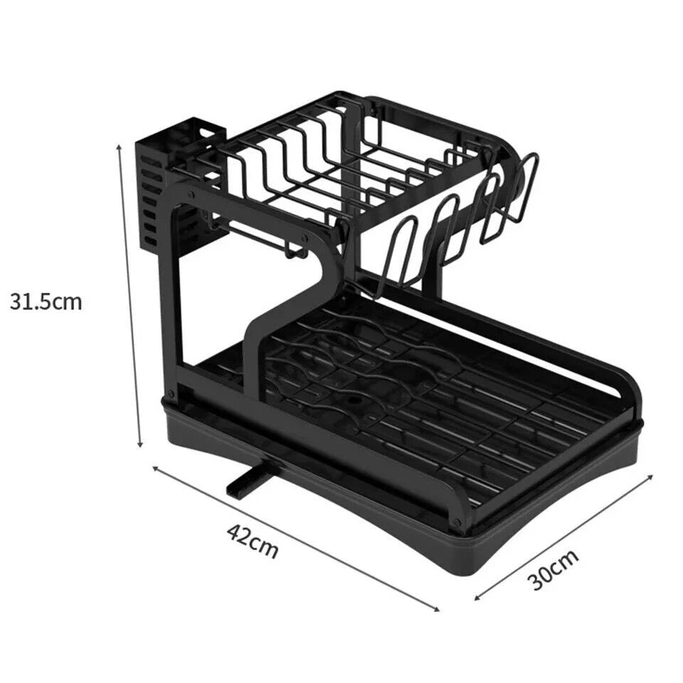 2 Tier Kitchen Sink Dish Drainer Rack With Drip Tray Cutlery Holder Plate Rack