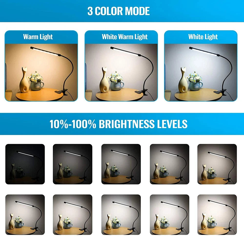 USB Clip On Desk Lamp Flexible Clamp Reading Light LED Bed Table Bedside Night.