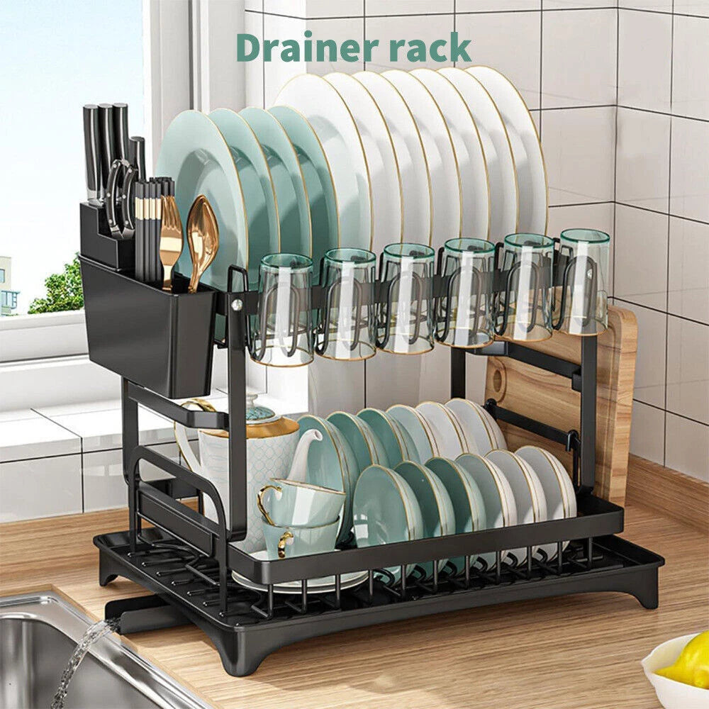 2 Tier Dish Drainer Rack With Drip Tray Kitchen Drying Rack Bowl Plate Holder UK