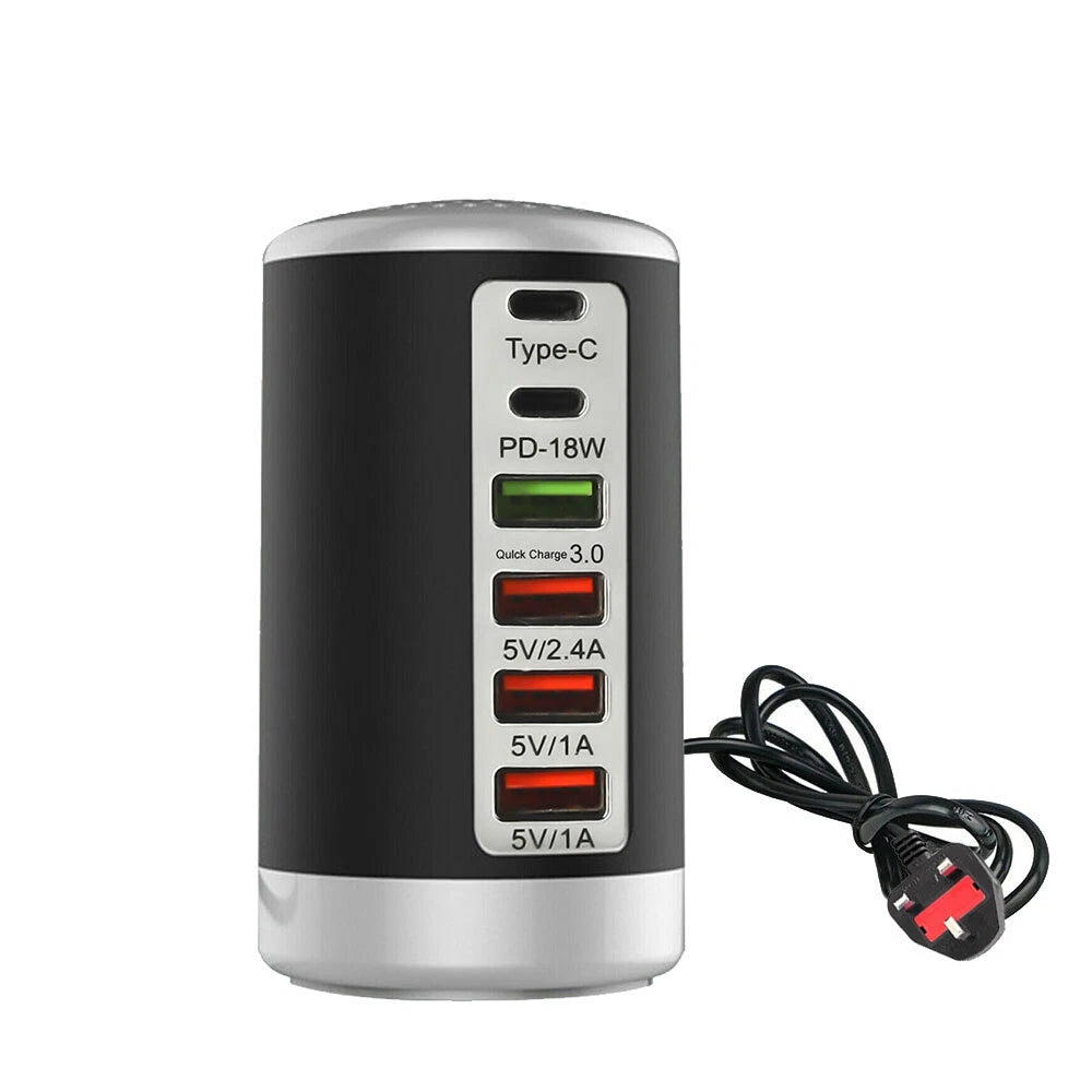 Multi 6 Port USB Charging Station Hub Tower Desktop Cell Phone Charger New Black
