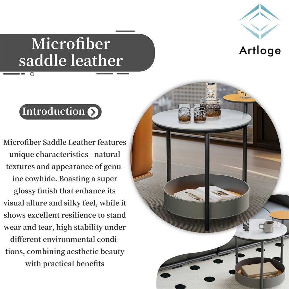 3Tier Side End Table Accent Couch Beside Table with Leather Tray Top Metal Frame