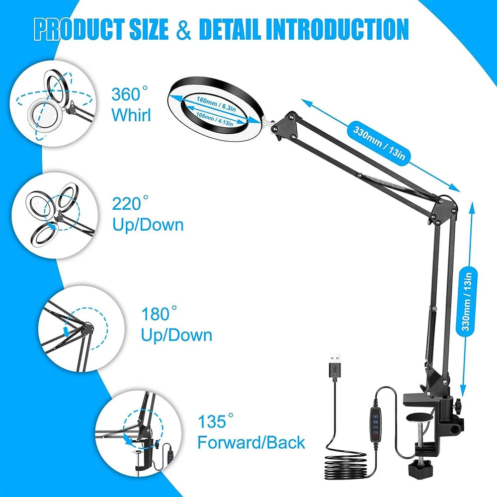 10X LED Magnifier Glass Desk Lamp With Light Stand Clamp Beauty Magnifying Lamp