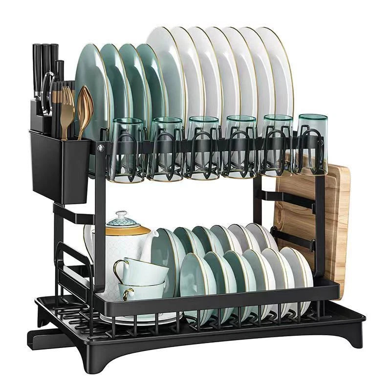 2 Tier Dish Drainer Rack with Drip Tray Cutlery Holder Plate Racks Kitchen Sink