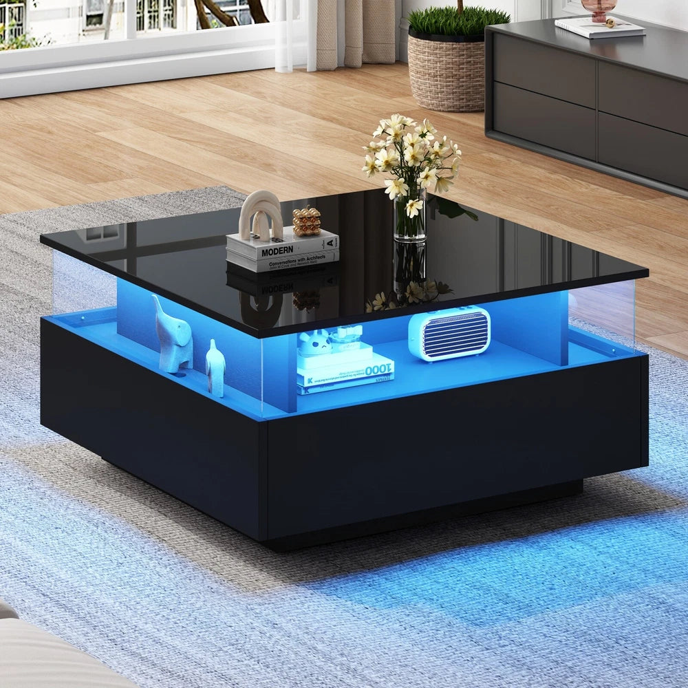 Coffee Table with LED Square High Gloss Black Storage Tea Table for Living Room