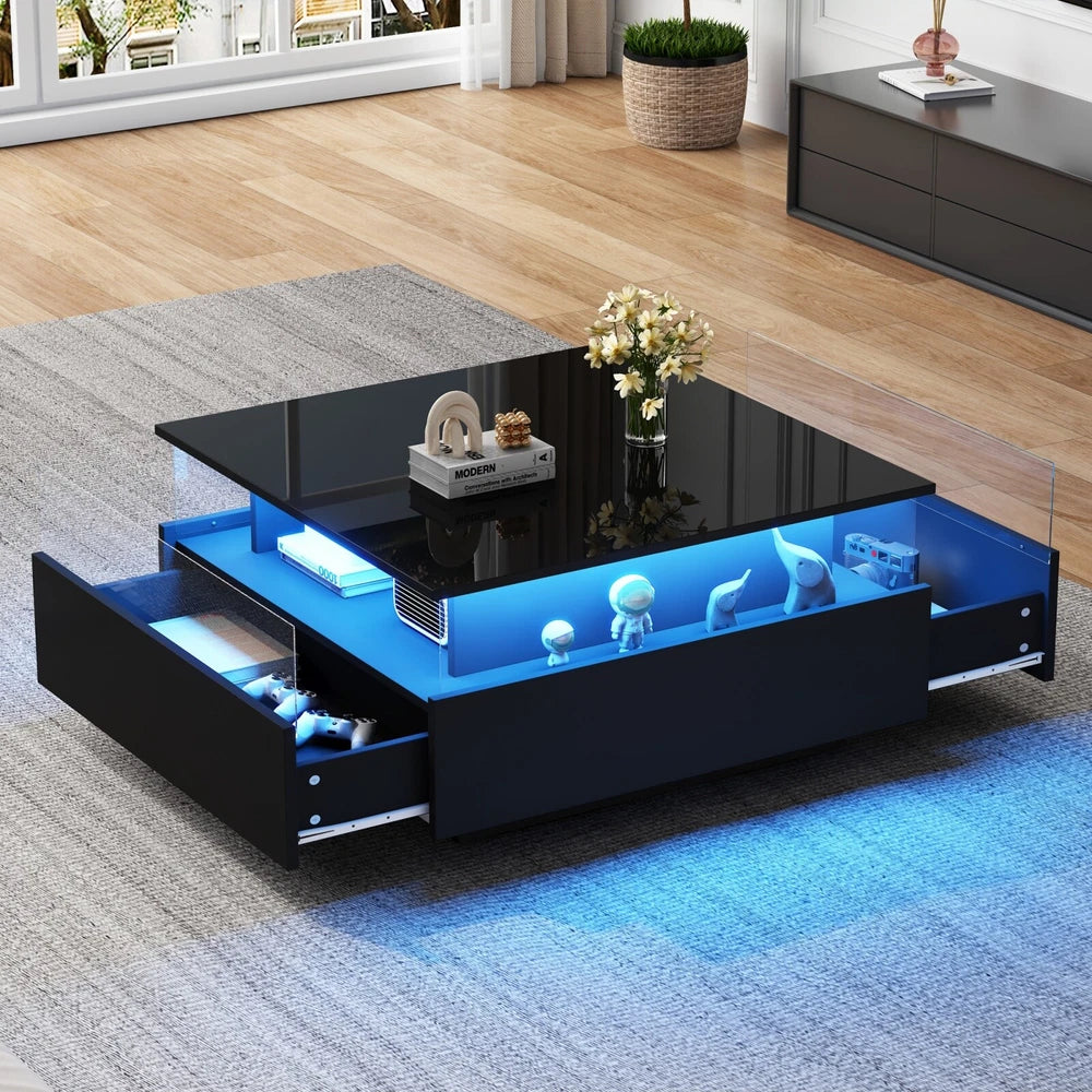 Coffee Table with LED Square High Gloss Black Storage Tea Table for Living Room