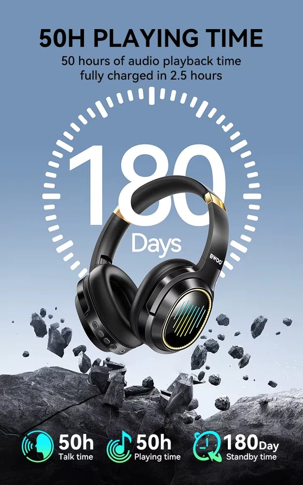 TWS Wireless Bluetooth 5.4 Headphones LED RGB ANC Over-Ear Earphones 50H