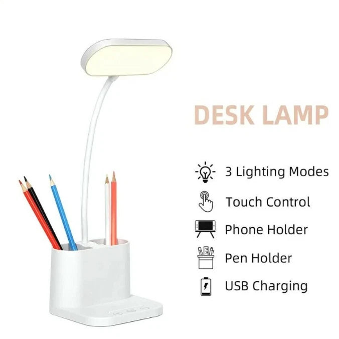 LED Desk Lamp Pen Phone Holder USB Rechargeable Bedroom Reading Light Dimmable