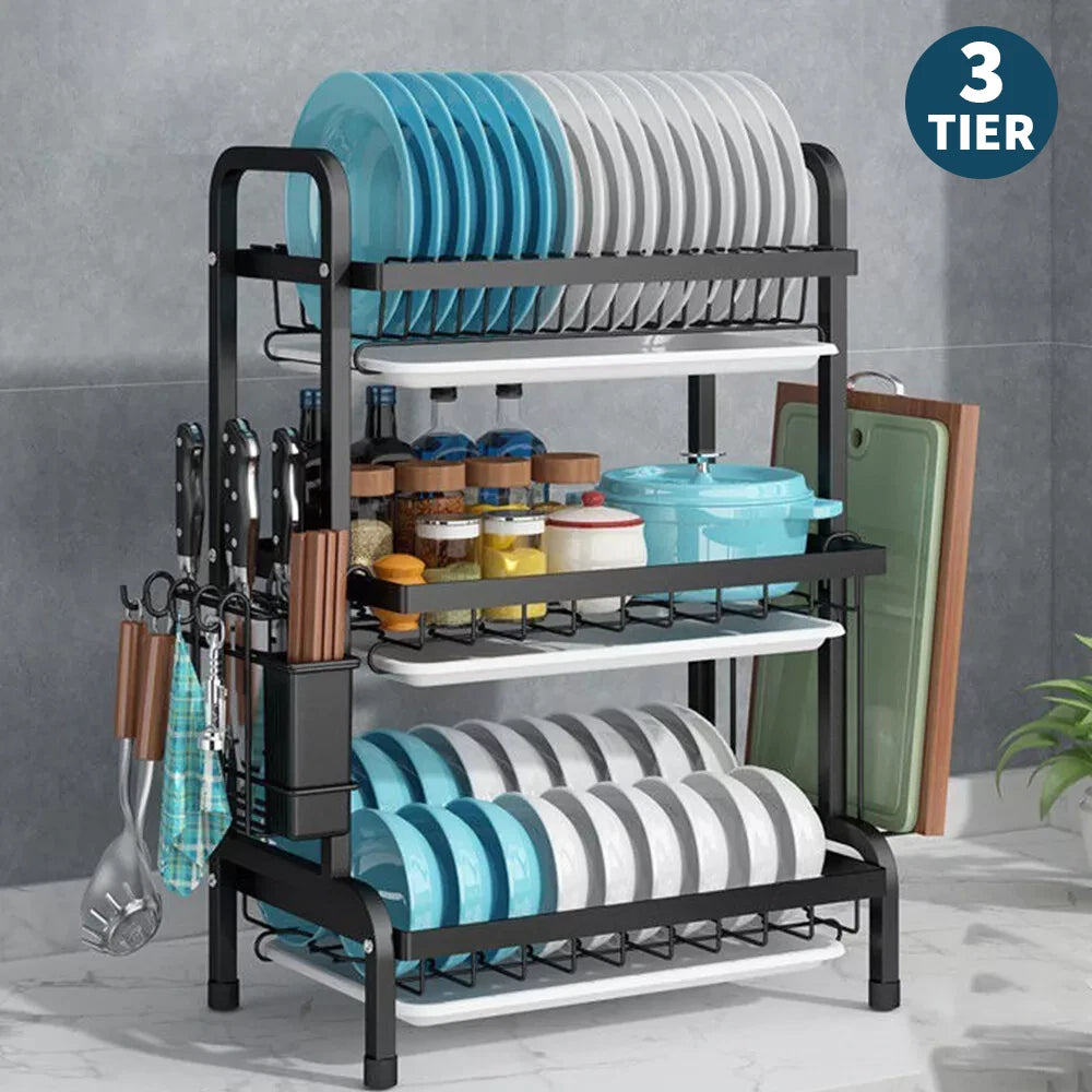 2/3 Tier Kitchen Sink Dish Drainer Rack With Drip Tray Cutlery Holder Plate Rack
