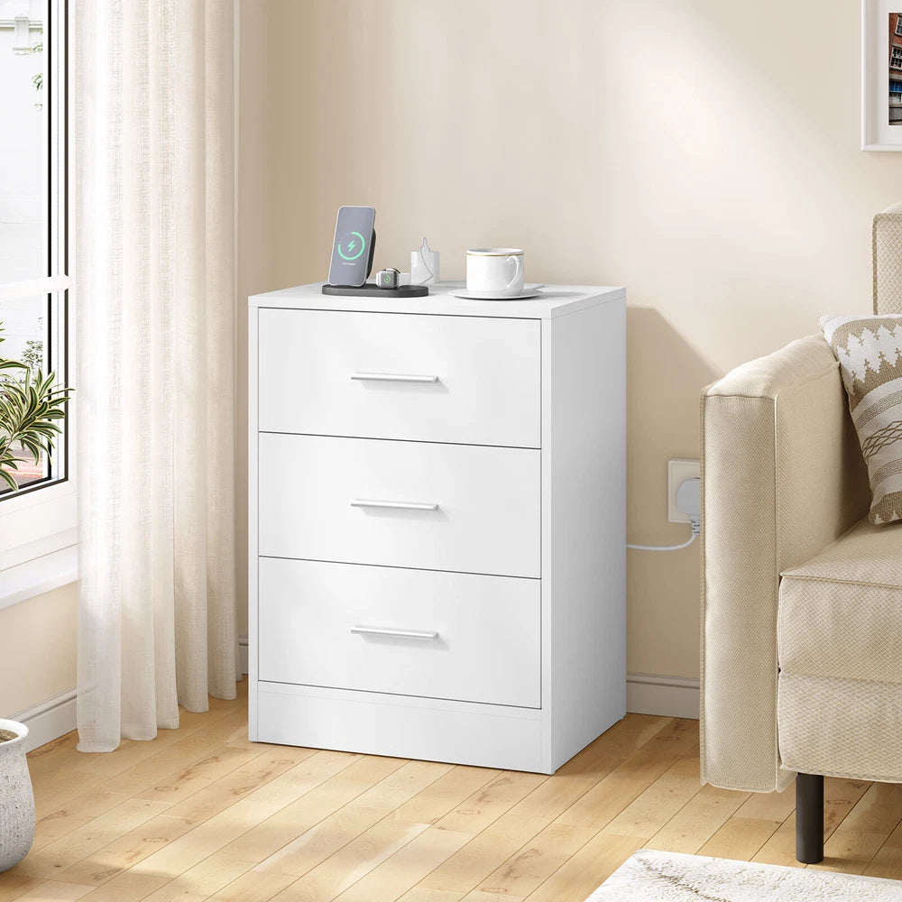 1/2x Bedside Table Cabinets w/ Charging Station Nightstand Storage Unit 3 Drawer