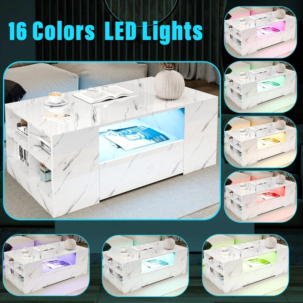 LED Coffee Table Wooden 2 Drawer Storage High Gloss Modern Living Room Furniture