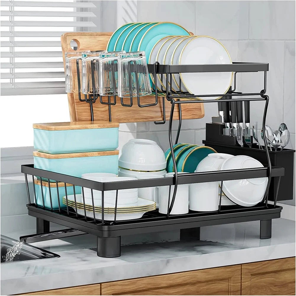 2 TIER KITCHEN SINK DISH DRAINER RACK WITH DRIP TRAY CUTLERY HOLDER PLATE RACK
