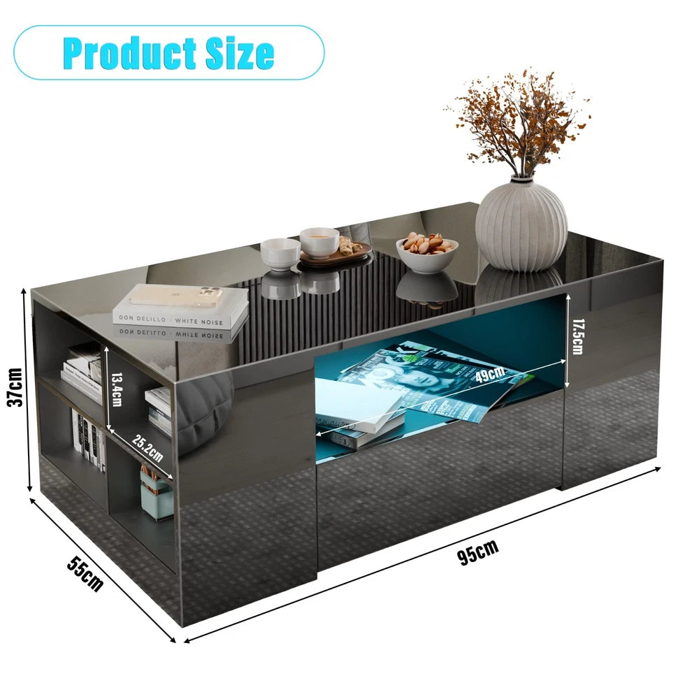 LED Coffee Table Wooden 2 Drawer Storage High Gloss Modern Living Room Furniture