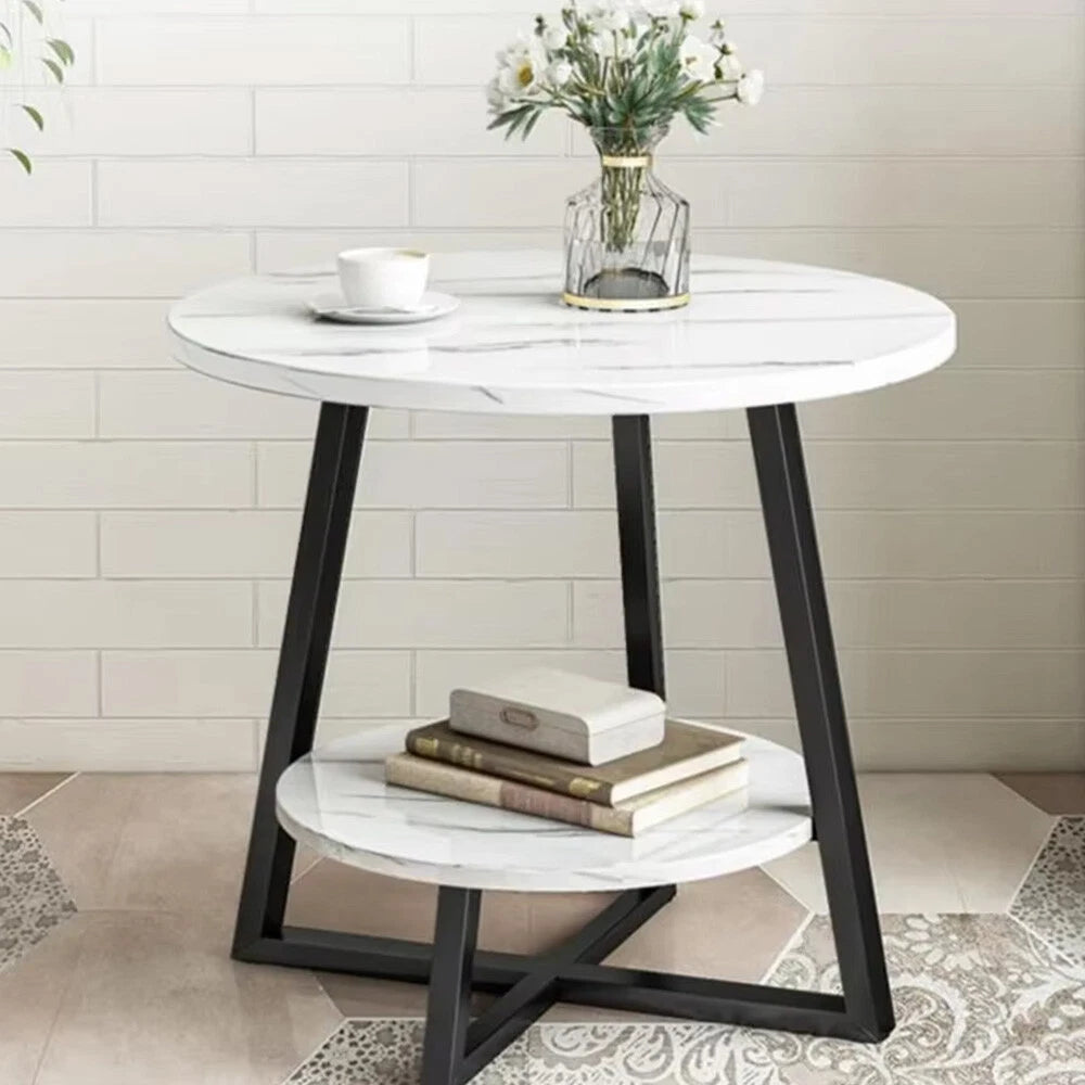 2-Tier Coffee Table Side Table White Marble Effect End Table LivingRoom Round