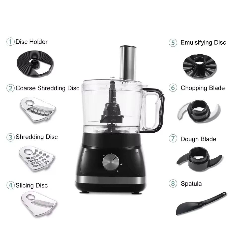 800W Food Processor Chopper 2L 3-Speed Pulse Multi-Chopper Dough Kneader Black