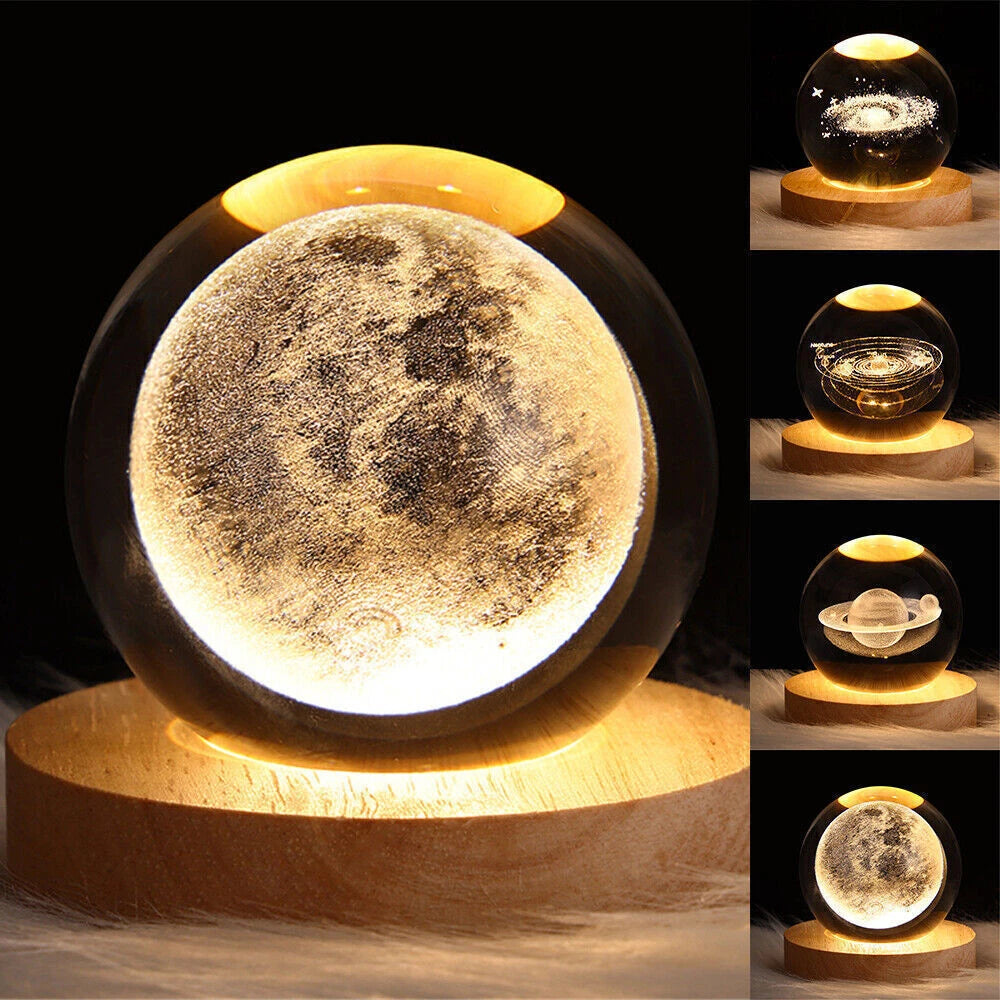 LED Crystal Ball Table Lamp USB 3D Moon Planet Globe Galaxy Night Light Bedside#