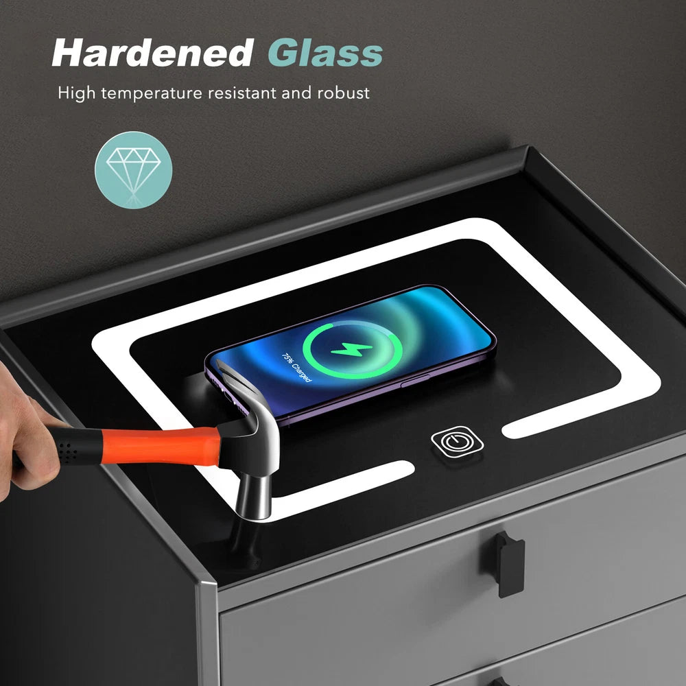 3 Drawers LED Bedside Table Wireless Charging Nightstand Bedside Cabinet Grey